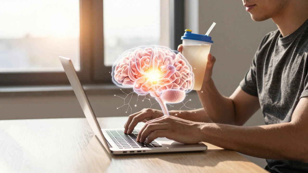 Человек пьёт протеин утром, а в прозрачном слое видны мышцы и мозг, активирующиеся.