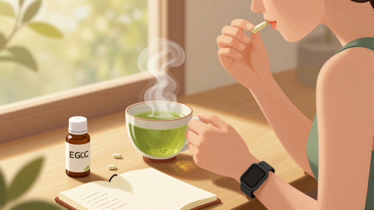 Человек пьет зеленый чай и принимает добавку перед тренировкой у окна с утренним светом.