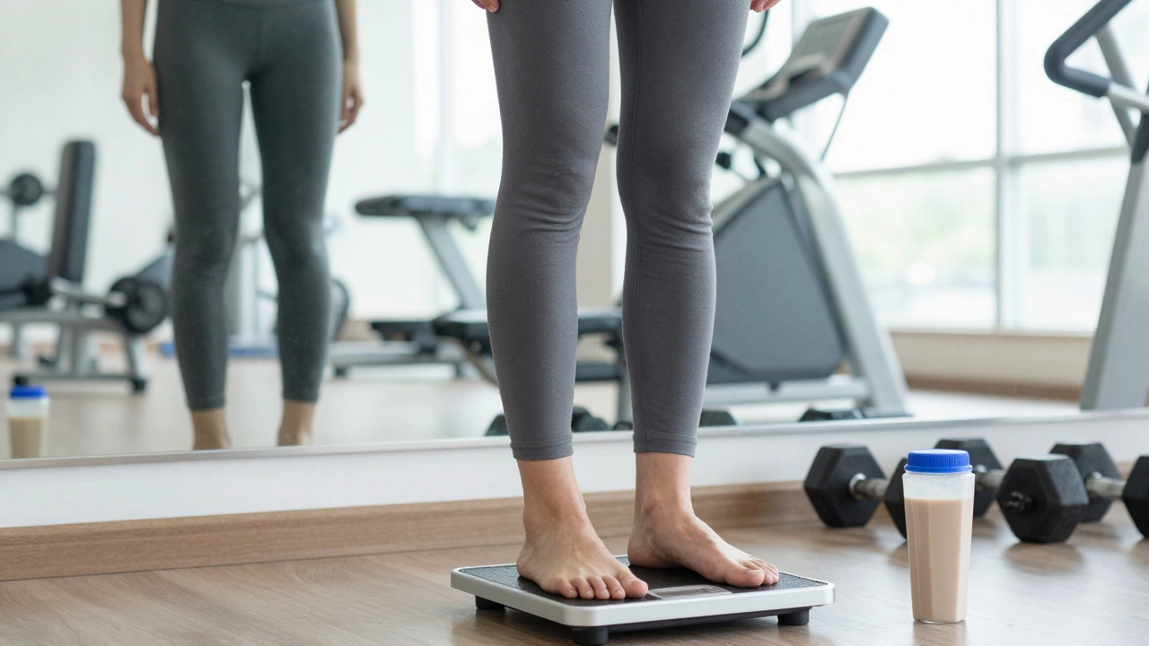 Человек смотрит в зеркало, видя более подтянутое тело, рядом — спортзал