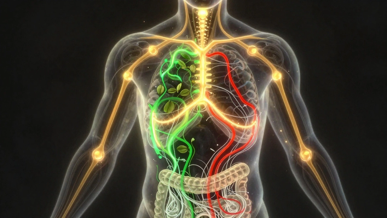 Концептуальное изображение тела с энергетическими путями, показывающими процессы сжигания жира.