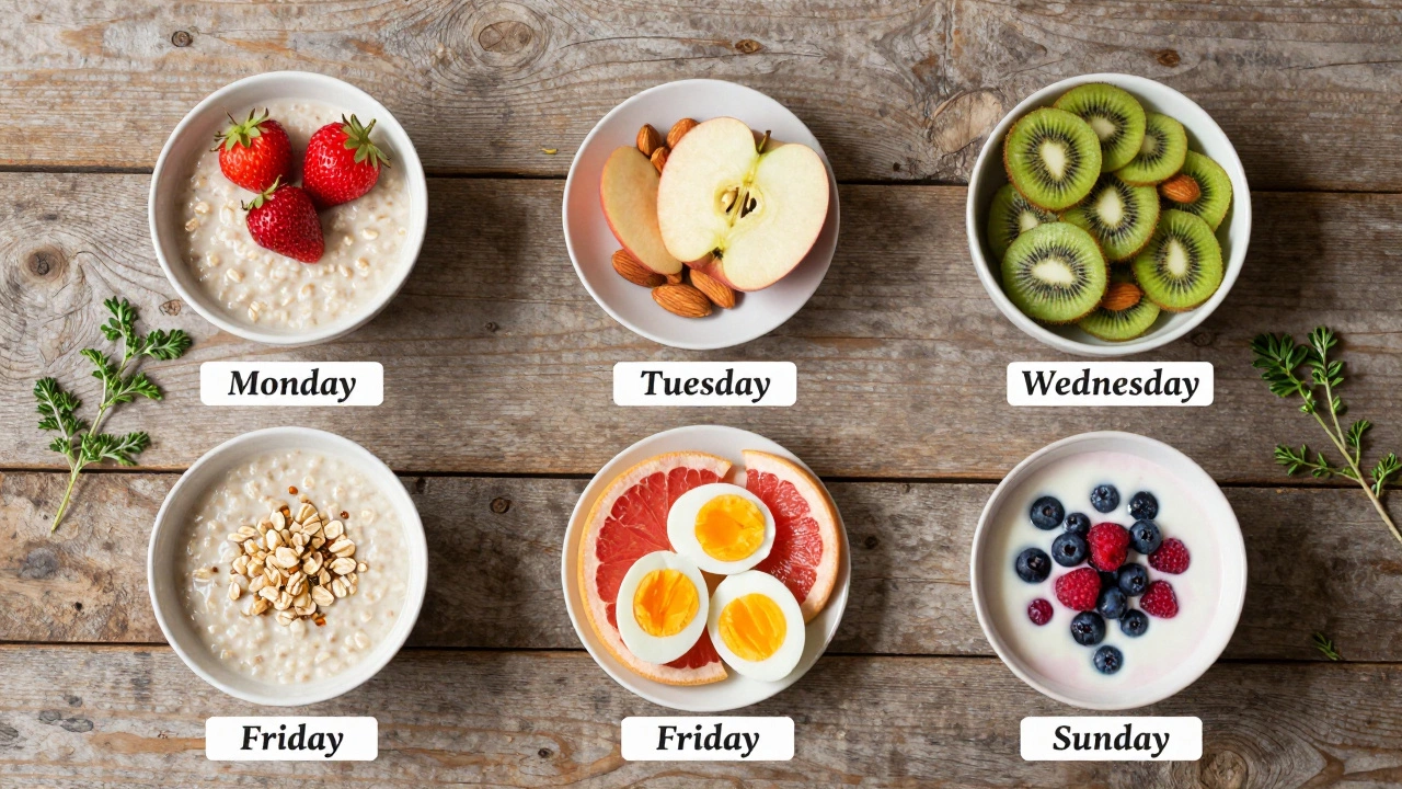 Недельный план питания: овсянка с ягодами, яблоко с миндалём, салат с киви, грейпфрут с яйцами, йогурт с ягодами.