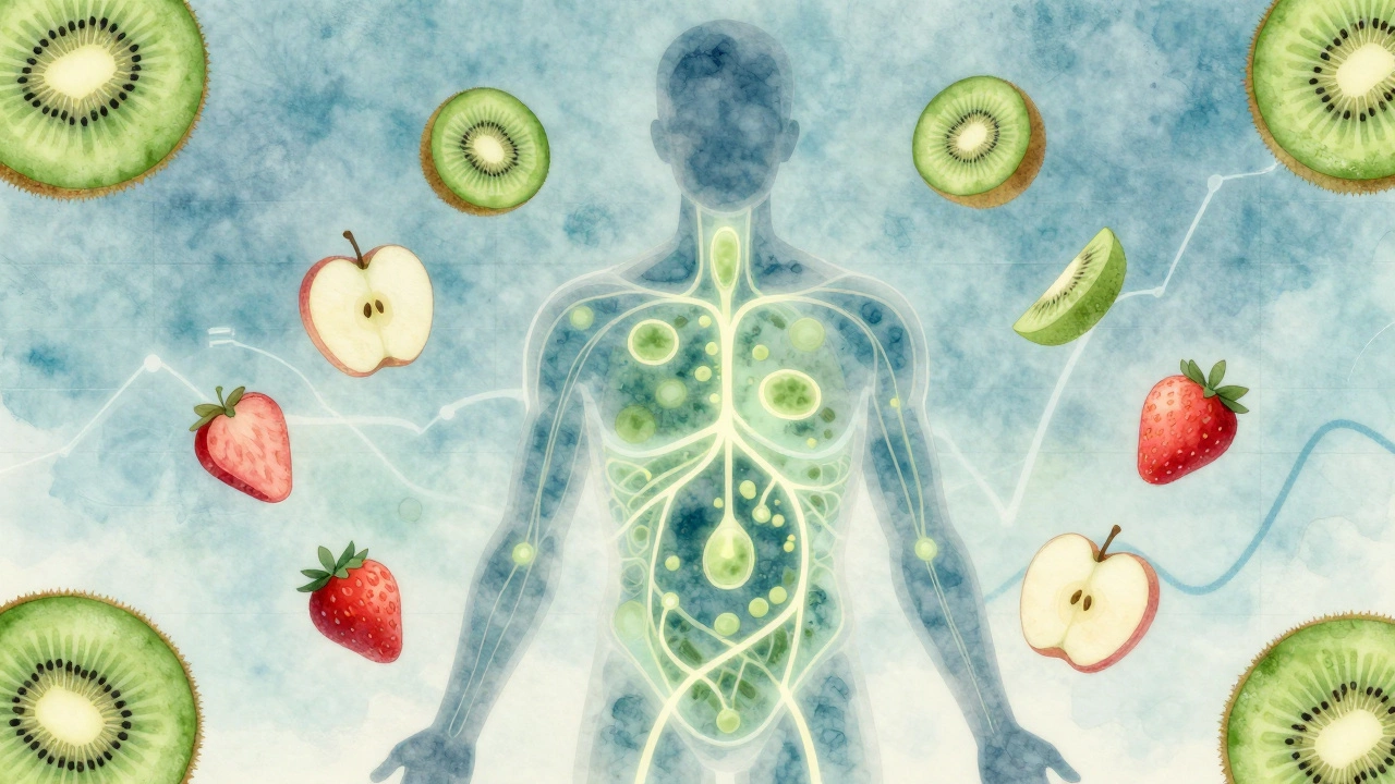 Прозрачный силуэт человека с расщепляющимися жировыми клетками, окружённый фруктами — киви, яблоком, клубникой.
