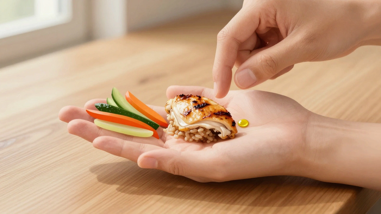 Рука измеряет порции еды ладонью: белок, овощи, углеводы и жиры.