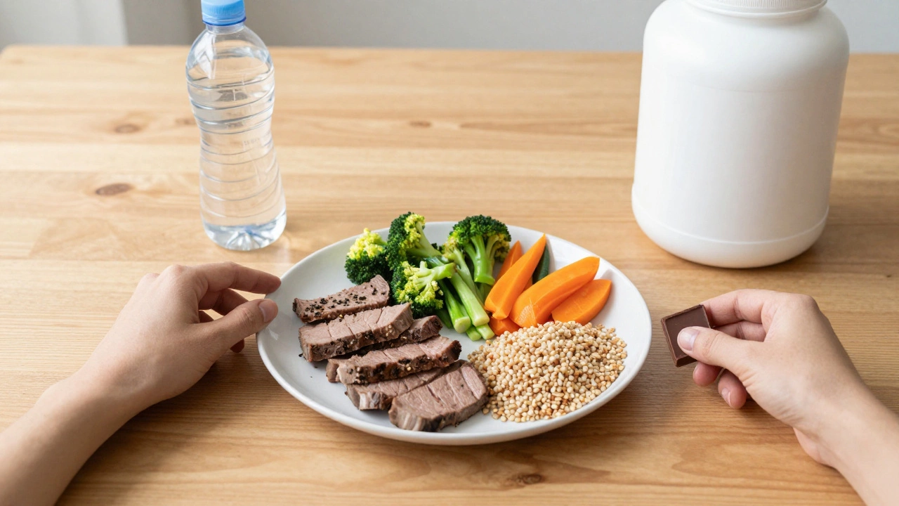 Сбалансированный обед с протеином и небольшим кусочком шоколада