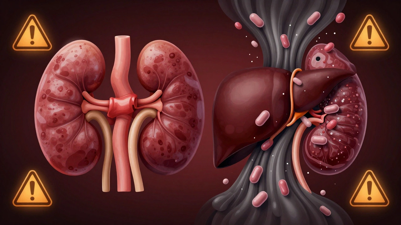 Схематичное изображение перегруженных почек и печени, переполненных белковыми молекулами.