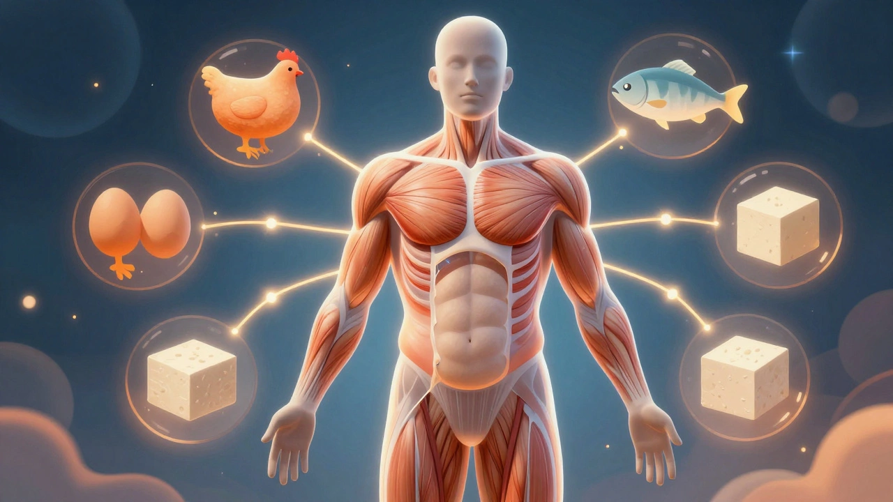 Силуэт тела с жиром, превращающимся в мышцы, вокруг — продукты с белком