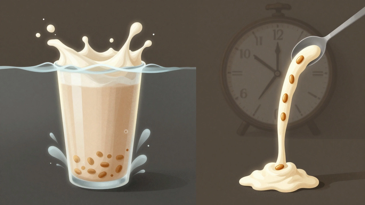 Сравнение быстрого и медленного протеина: бурлящий порошок и медленно капающая струя.