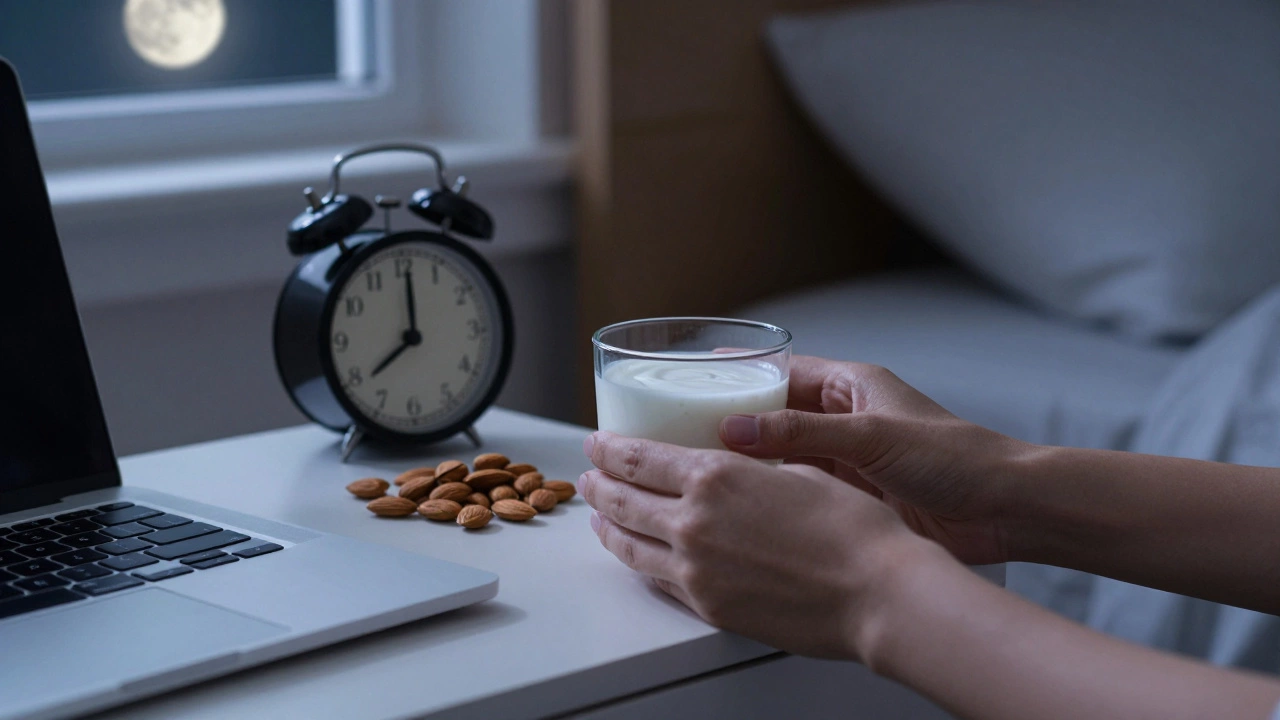 Стакан кефира и миндаль на тумбочке рядом с выключенным ноутбуком в спальне.