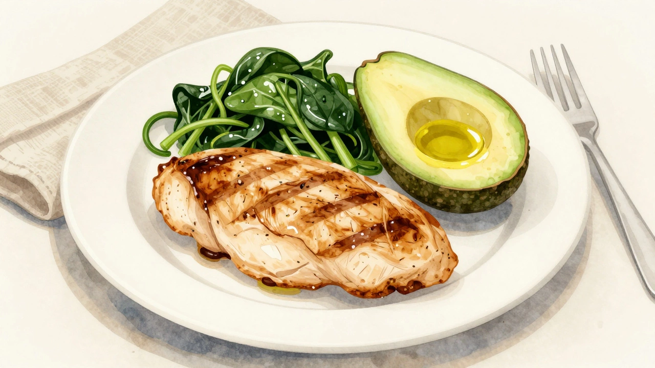 Тарелка с куриной грудкой, шпинатом, цукини и авокадо в водяных тонах.