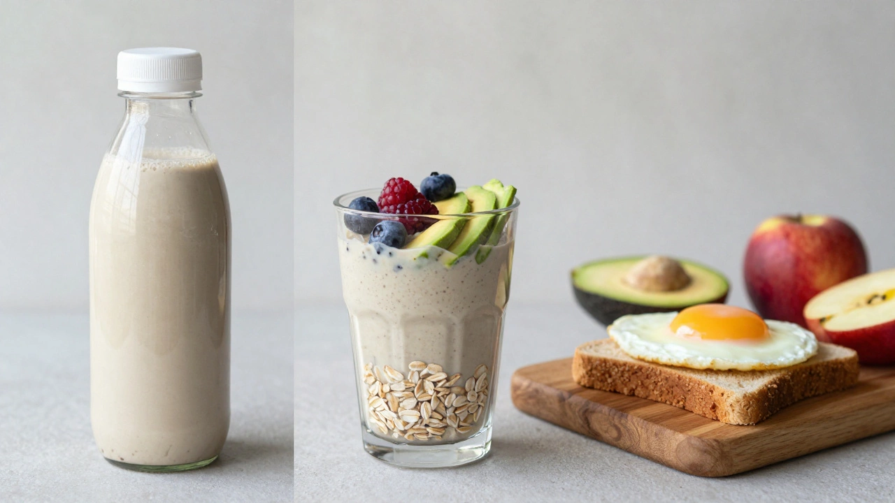 Три варианта завтрака: чистый протеин, улучшенный коктейль и полноценная еда на деревянной доске.