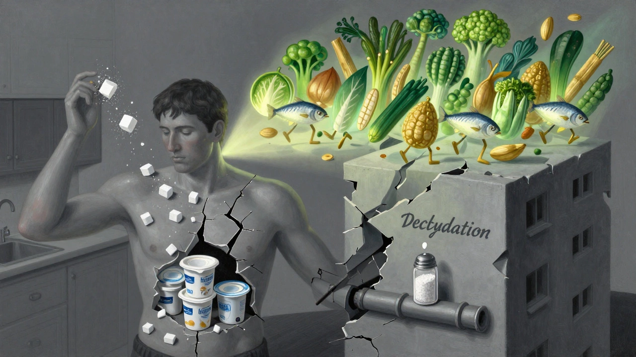 Человеческое тело как разрушающееся здание, внутри которого видны причины усталости: сахар, обезжиренные продукты и обезвоживание.