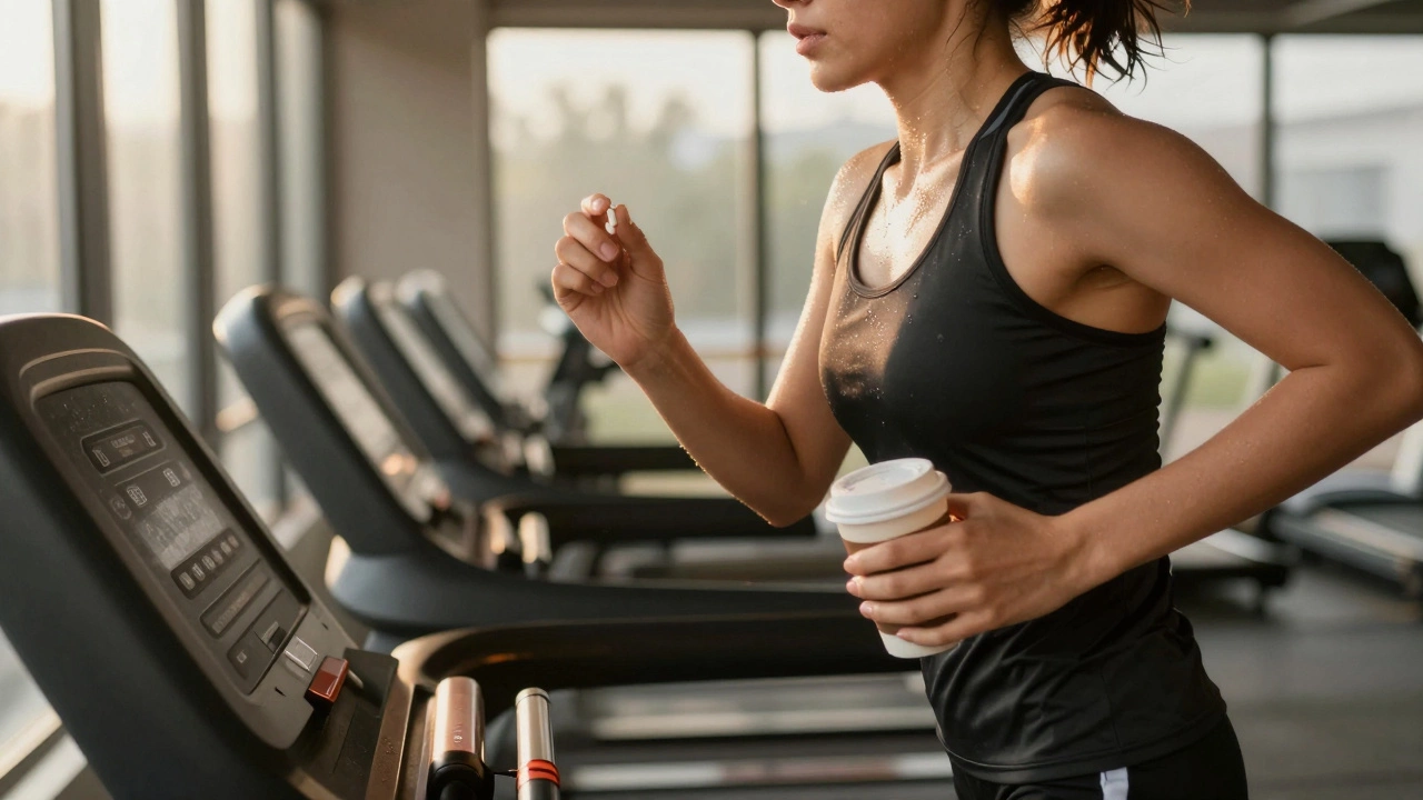 Человек бежит на беговой дорожке утром, держит капсулу карнитина и чашку кофе, в зале ещё тихо.