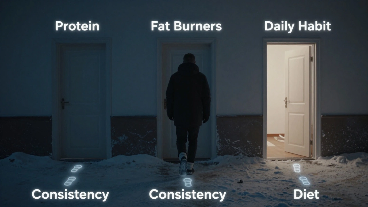 Человек идет по зимнему коридору, за ним следы, помеченные 'Последовательность', ведущие к двери 'Ежедневная привычка'.