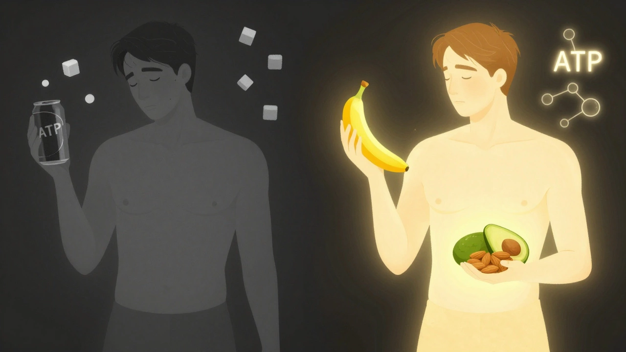 Два лица одного человека: одно истощённое, другое полное энергии с продуктами, поддерживающими бодрость.