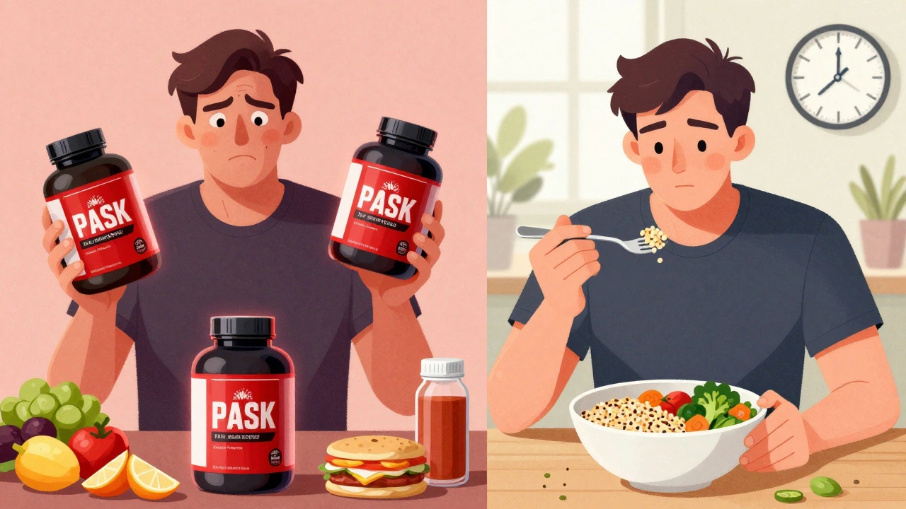 Контраст: человек с добавками и фастфудом слева, с простой едой и дневным светом справа.