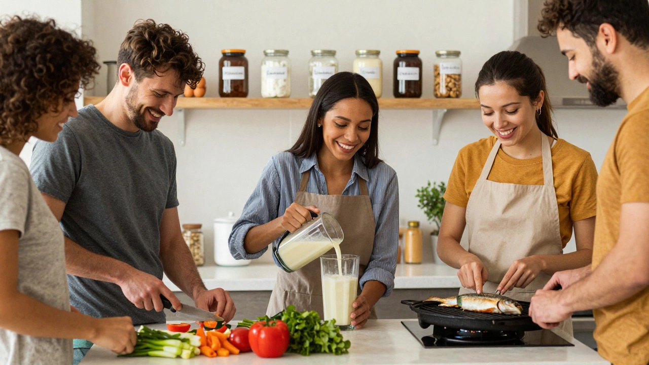 Люди готовят здоровую пищу на кухне: рыбу, овощи, протеиновый коктейль, с баночками источников белка на полке.