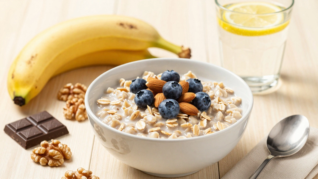 Овсянка с ягодами, банан, орехи и тёмный шоколад на столе.