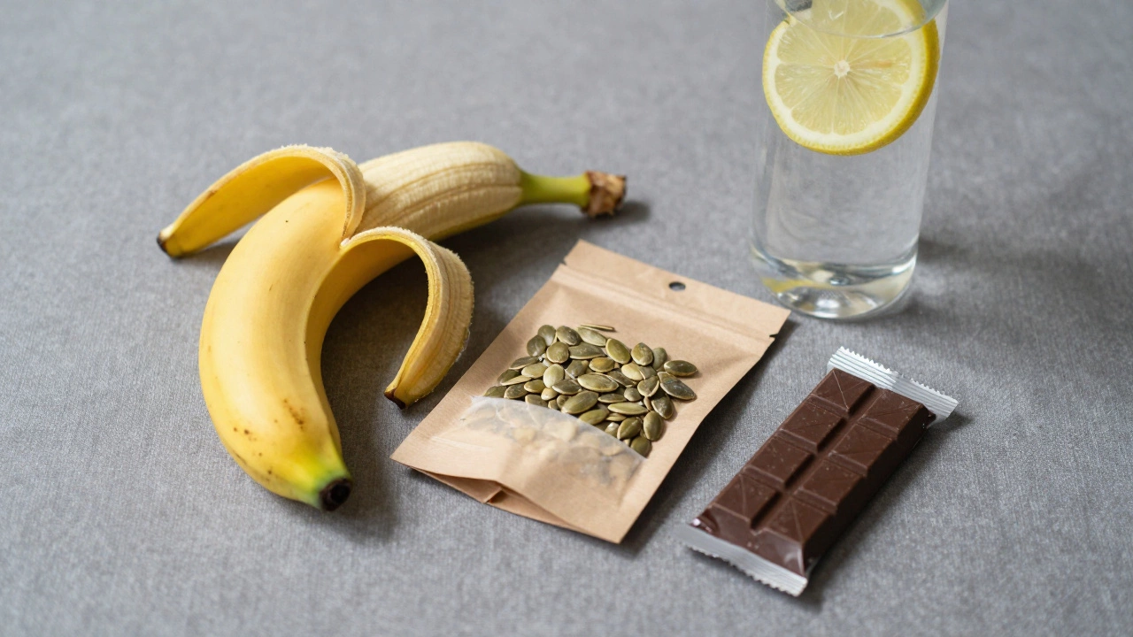 Портативный набор энергетических продуктов: банан, тыквенные семечки, тёмный шоколад и вода с лимоном.