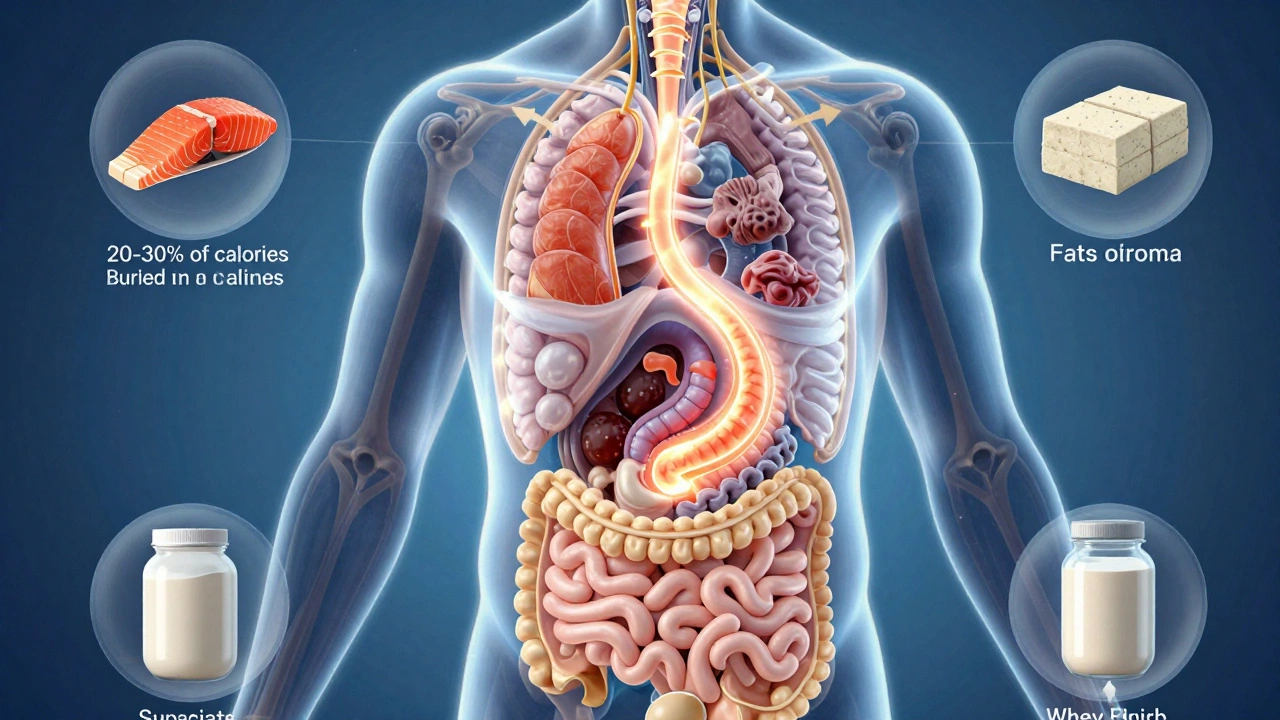 Прозрачное изображение тела, показывающее, как белок сжигает калории при переваривании, в отличие от жиров и углеводов.
