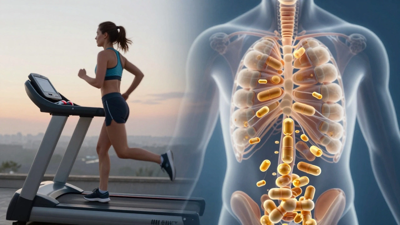 Схематичное изображение человека, бегущего на беговой дорожке, и внутри тела — жирные кислоты, перемещаемые в митохондрии L-карнитином.