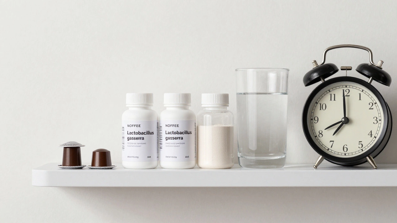 Три чистые бутылочки с добавками на полке: кофеин, пробиотик Lactobacillus gasseri и растворимая клетчатка, рядом — стакан воды и будильник.