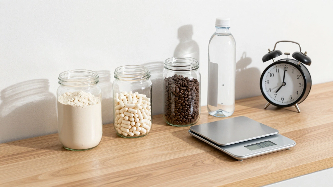 Три стеклянные банки с протеином, карнитином и кофейными зёрнами на деревянной поверхности рядом с водой и весами.