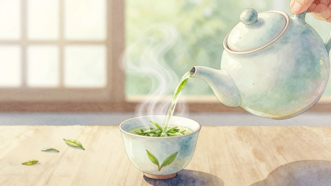 Зелёный чай в процессе заваривания с паром и листьями.