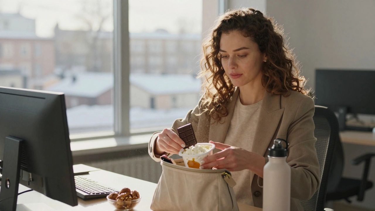 Женщина в офисе достаёт из сумки полезные перекусы: орехи, творог, шоколад и воду.