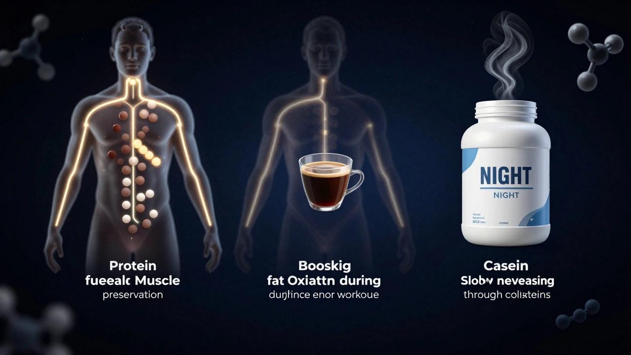 Абстрактное изображение человеческого тела с светящимися путями, показывающими, как белок, кофеин и казеин работают вместе для сжигания жира.