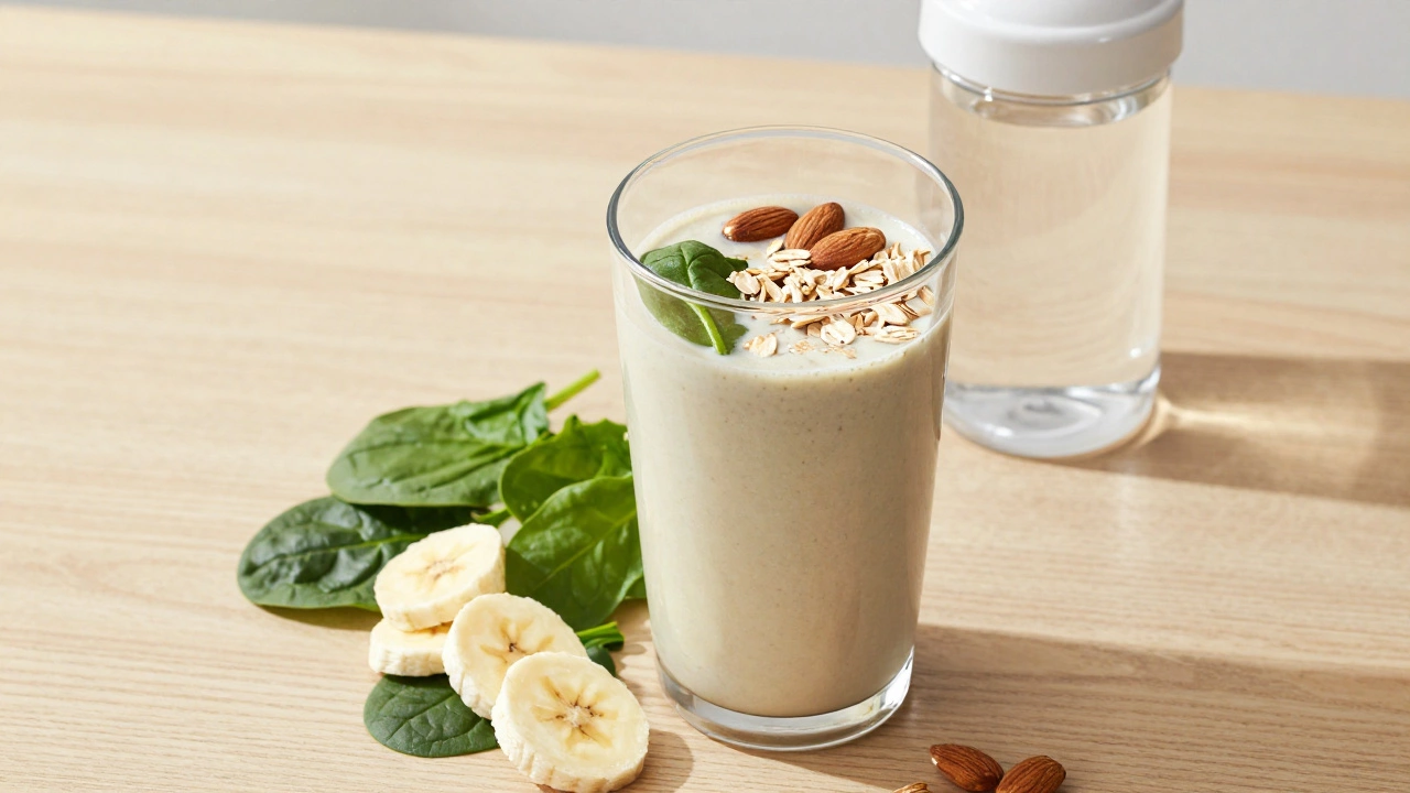 Балансированный протеиновый коктейль с фруктами и орехами на столе
