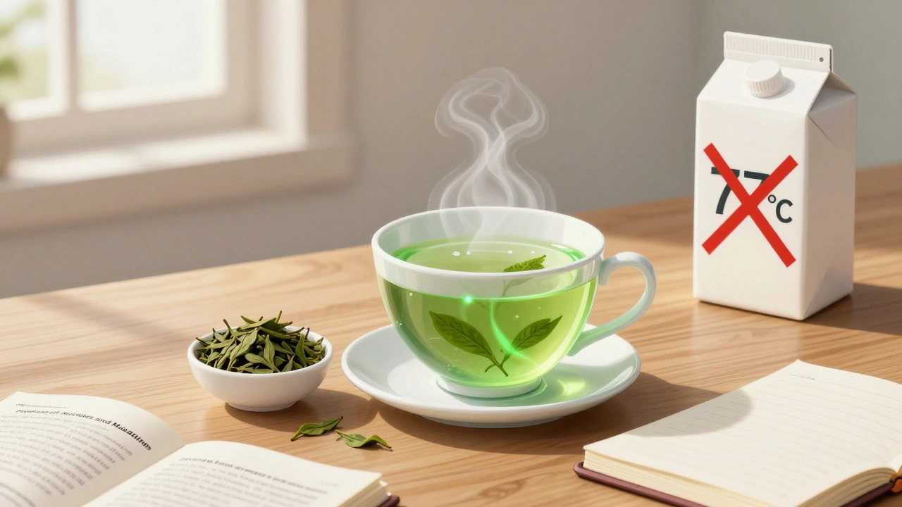 Чашка зелёного чая с лучами энергии, символизирующими жиросжигание.