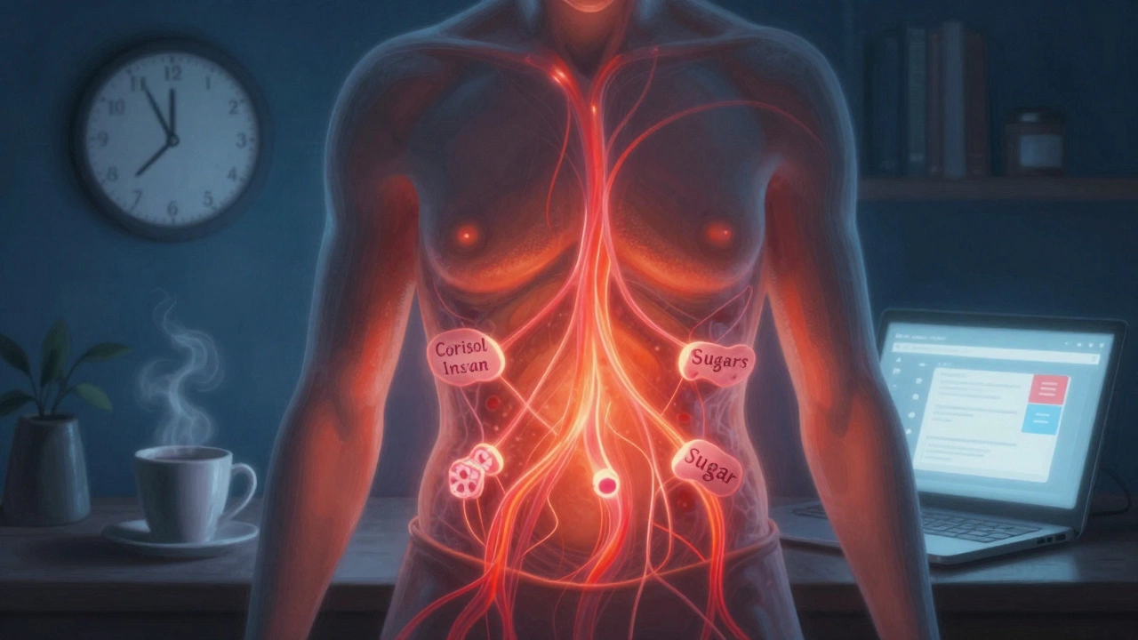 Человеческий торс с лучами энергии, концентрирующимися на животе — символ стресса, сахара и недосыпа, вызывающих накопление жира.