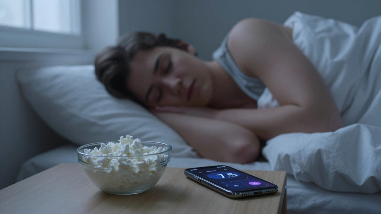 Человек спит в тихой спальне, на тумбочке рядом — творог и часы, показывающие глубокий сон под звёздным небом.