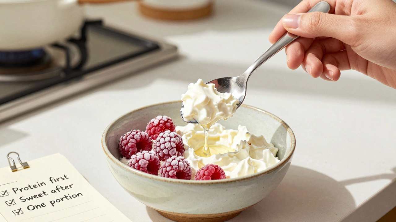 Ложка творожного крема с замороженными малиной и ванилью на керамической тарелке.