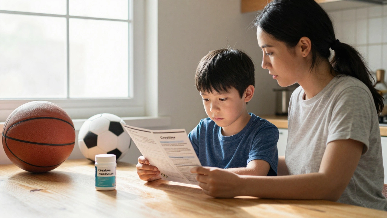 Мать и сын обсуждают добавки за кухонным столом, рядом — баскетбол и футбольный мяч.