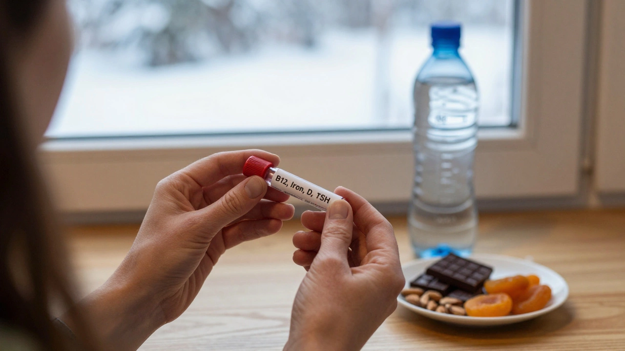 Руки держат пробирку с анализом на железо и витамин B12, рядом — вода и полезные продукты