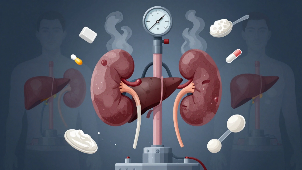 Схематичное изображение печени и почек под нагрузкой от избытка белка, с символами добавок и давления, обозначающих метаболический стресс.