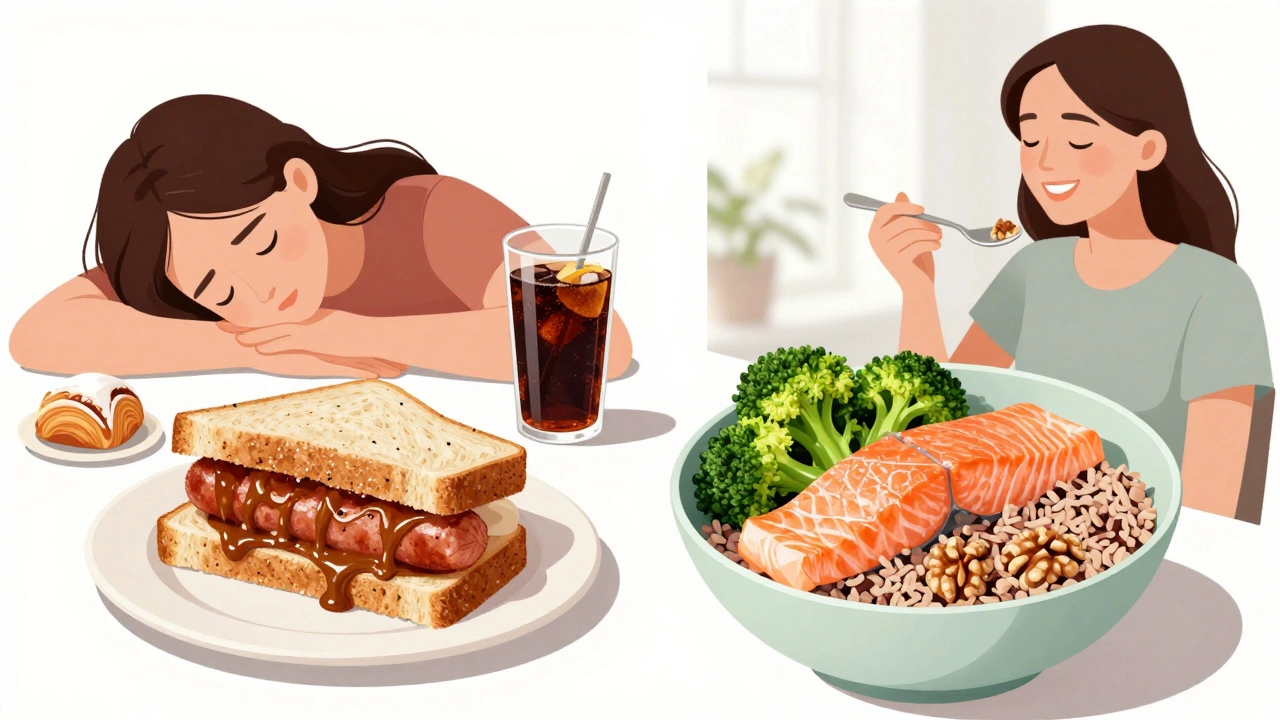 Сравнение нездоровой и здоровой пищи: с одной стороны — бутерброд и сладости, с другой — лосось, овощи и орехи