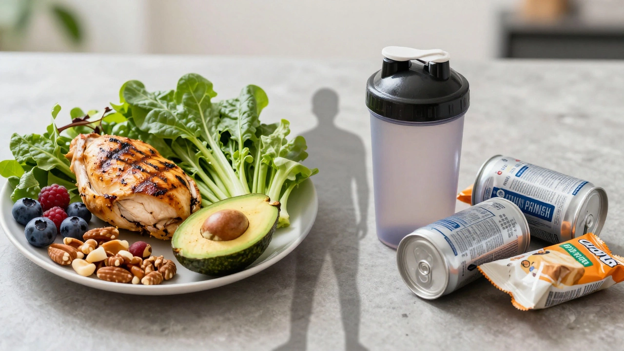 Сравнение сбалансированной тарелки натуральной пищи и протеинового порошка с нездоровыми продуктами, символизирующее выбор между здоровьем и зависимостью.