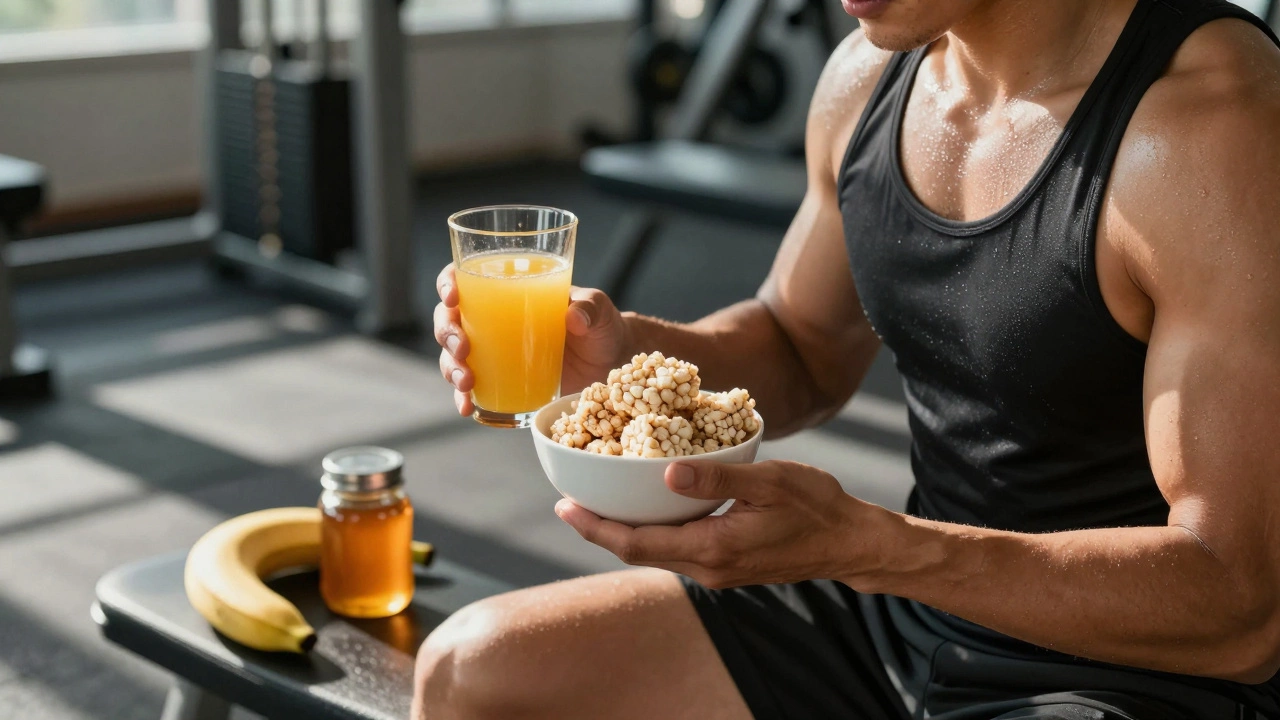 Тренер пьёт свежевыжатый сок и ест рисовые хлопья после тренировки, на фоне спортивного зала.