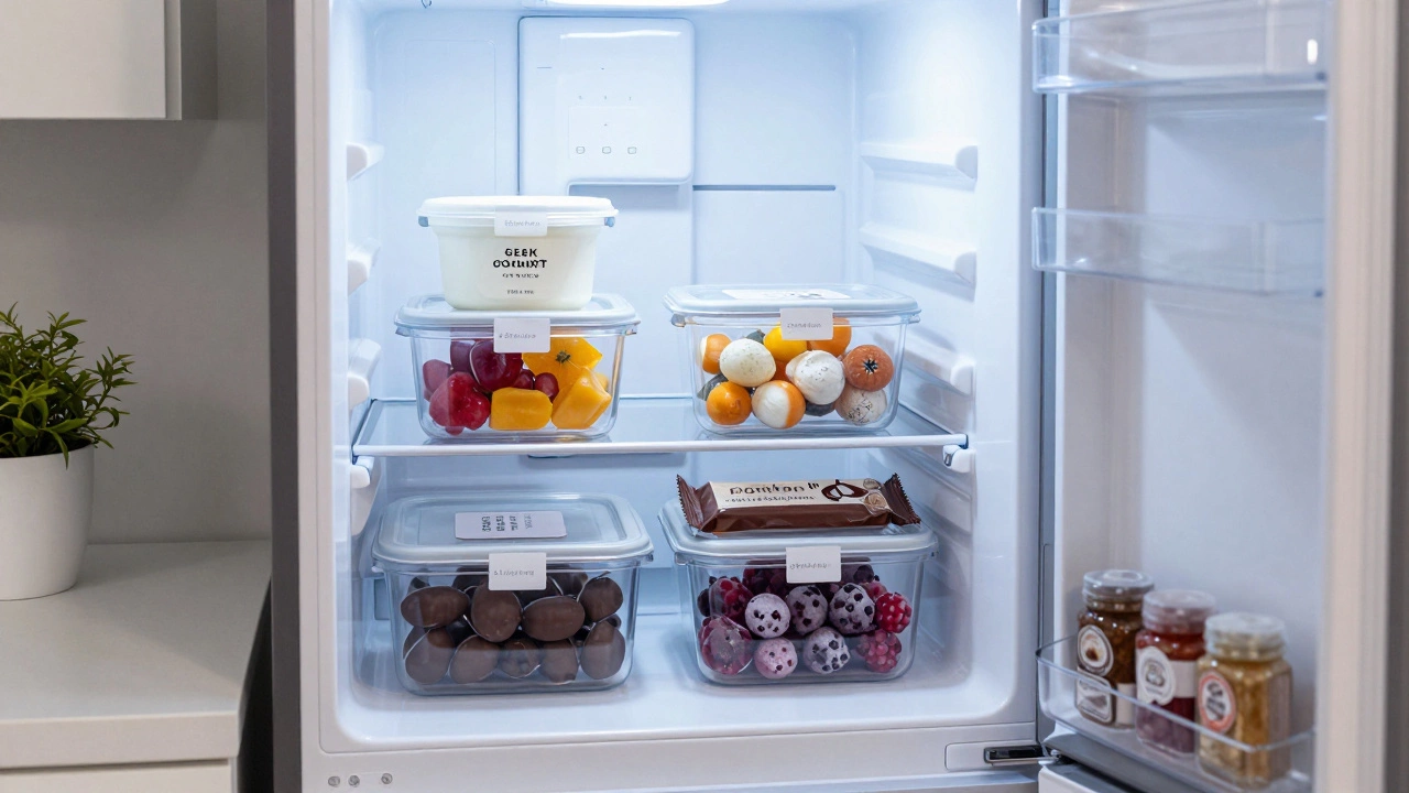 В холодильнике организованы разрешённые сладости для белковой диеты: йогурт, мармелад, батончик и ягоды.