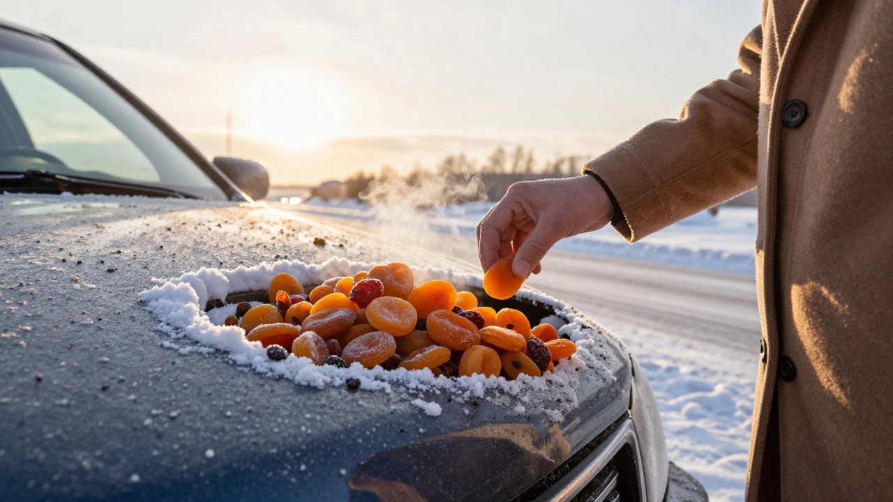 В зимнем Новосибирске человек достаёт сухофрукты из кармана на снегу возле машины.