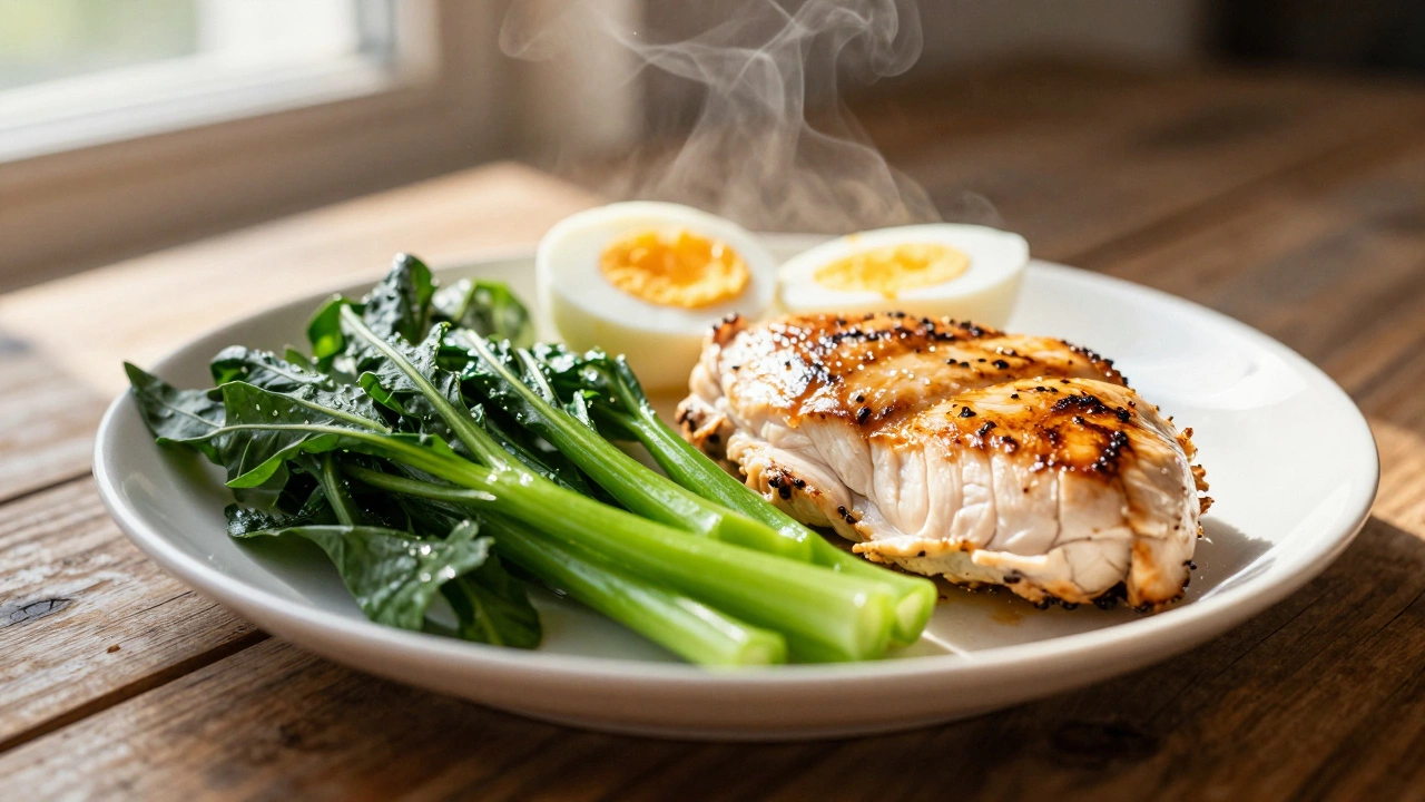 Здоровая тарелка с курицей, яйцами и овощами на столе