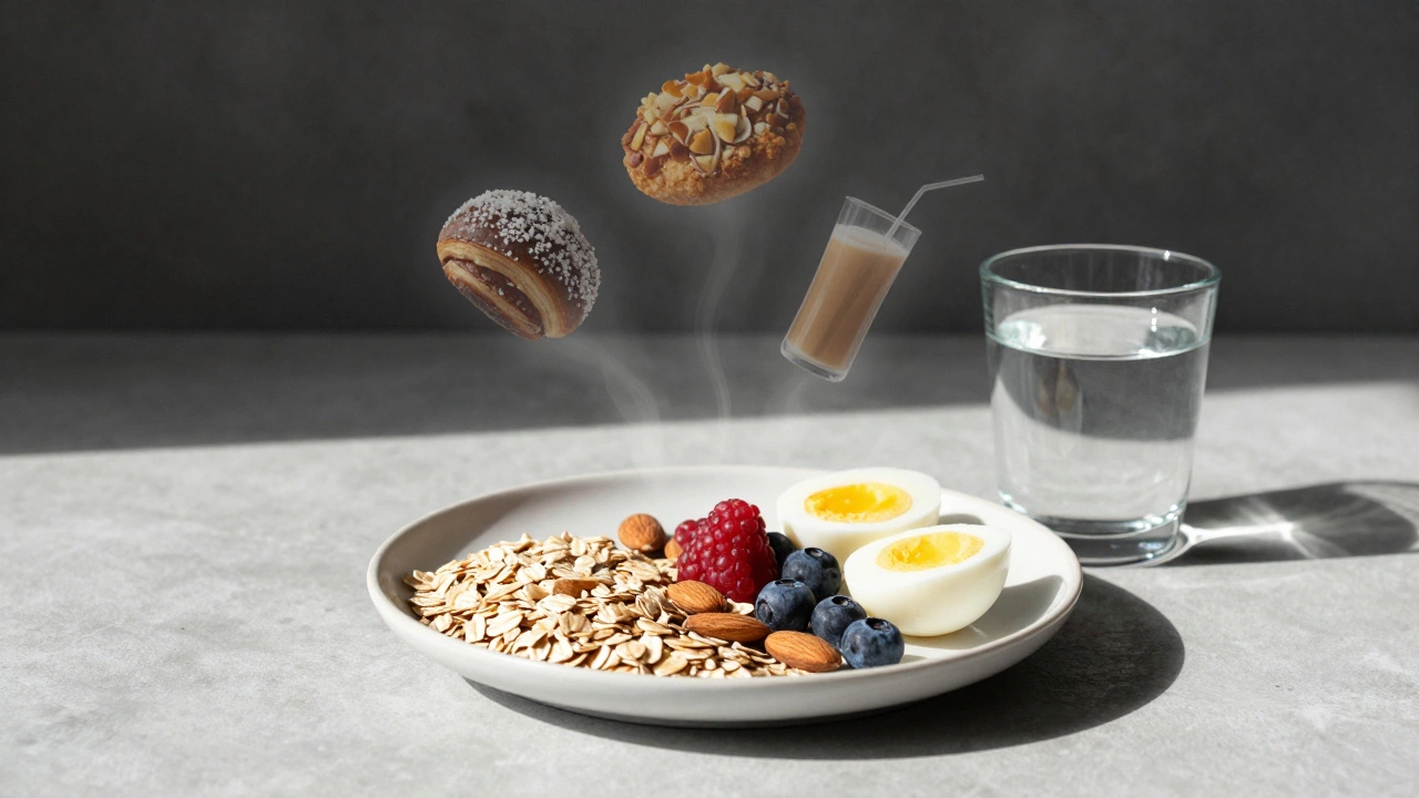 Здоровая тарелка с овсянкой и орехами на фоне исчезающих теней вредной пищи.