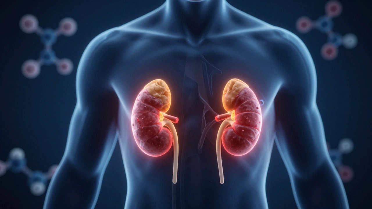 3D-иллюстрация почек и печени с зонами риска при избытке белка