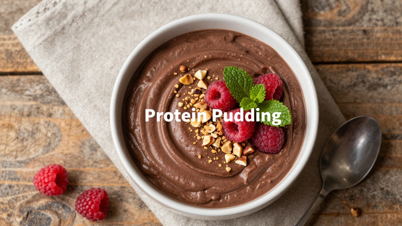 Белковый пудинг с малиной и фундуком в керамической миске на деревянном столе