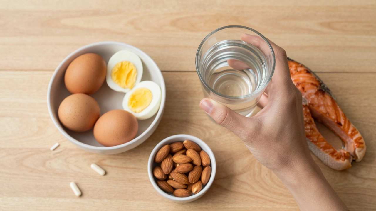 Натуральные источники белка: яйца, лосось и орехи рядом со стаканом воды