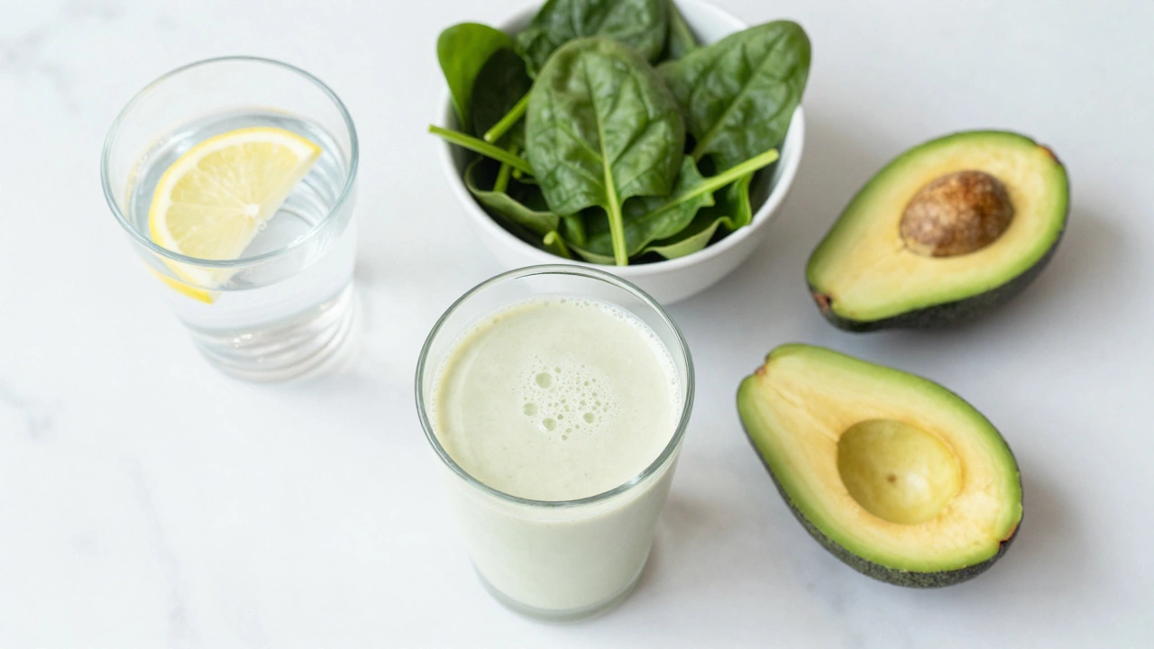 Протеиновый коктейль с овощами и водой на светлом столе