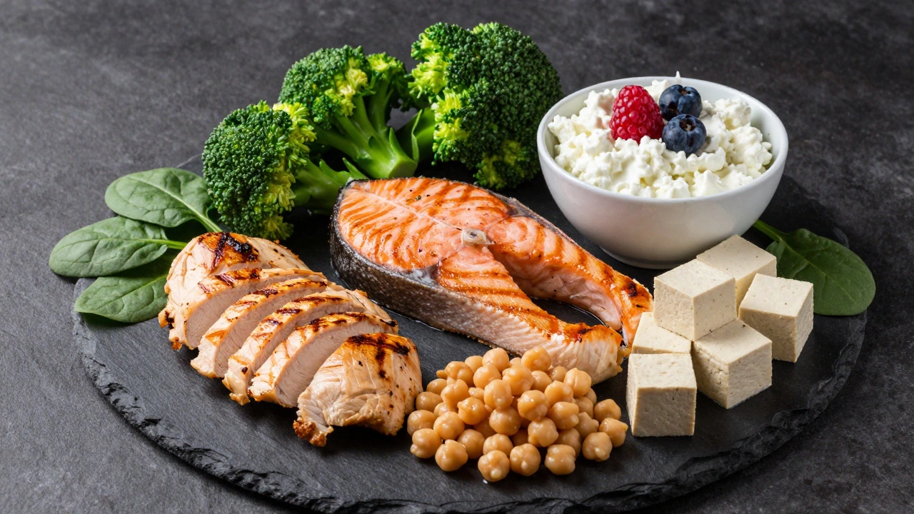 Разнообразные источники белка: мясо, рыба, творог и бобовые с зелеными овощами