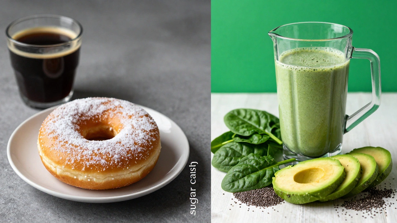 Сравнение вредного сладкого завтрака и полезного протеинового коктейля с суперфудами